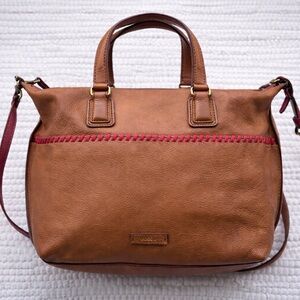 Fossil Leather Satchel Brown Red Whipstitch Boho Crossbody Carryall